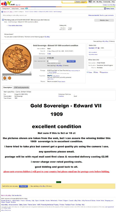 hoocked Gold Sovereign - Edward VII 1909 excellent condition eBay Auction Listing